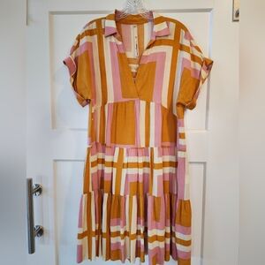 Uncle Frank Pink, Mustard & Cream Striped Tiered Midi Dress